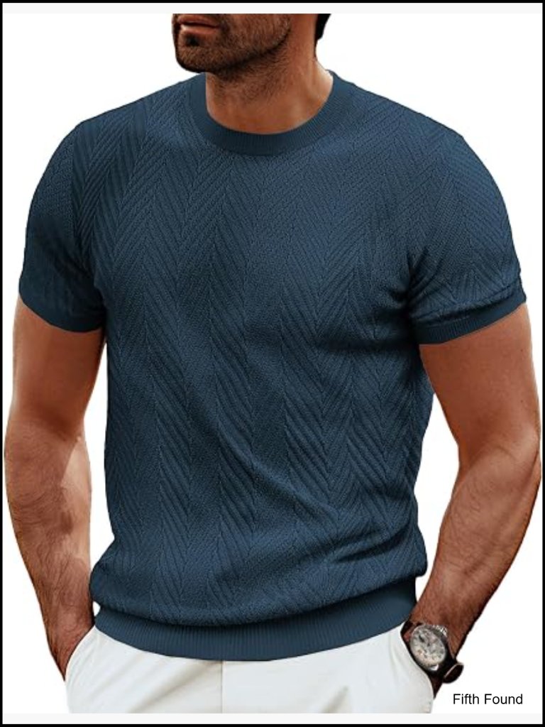 Men's Short Sleeve Knit Tee Casual Crewneck Herringbone Texture